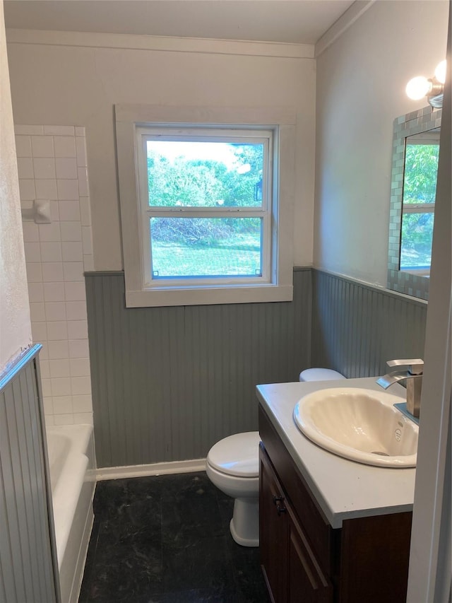 bathroom with a tub, a wealth of natural light, vanity, and toilet