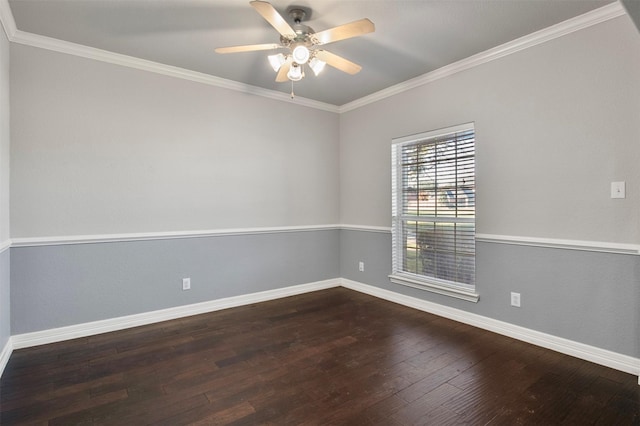 unfurnished room with crown molding, ceiling fan, and dark hardwood / wood-style flooring