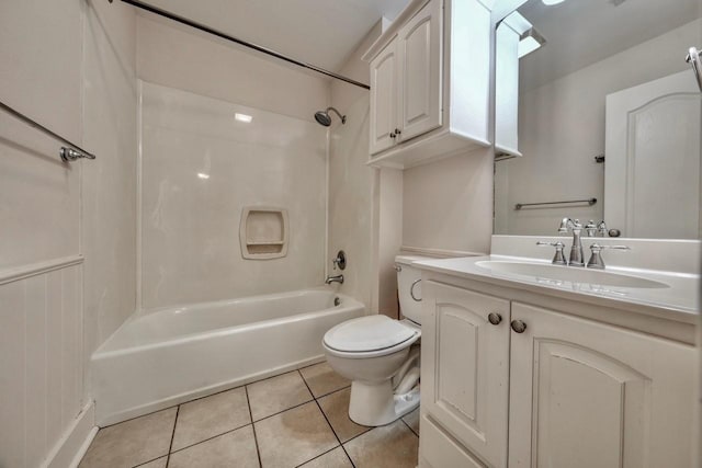 full bathroom featuring vanity, tile patterned floors, bathing tub / shower combination, and toilet