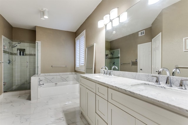 full bathroom featuring marble finish floor, double vanity, visible vents, a stall shower, and a bath