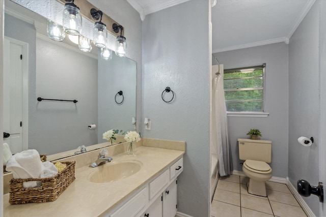 full bathroom with tile patterned flooring, vanity, toilet, crown molding, and shower / bathtub combination with curtain