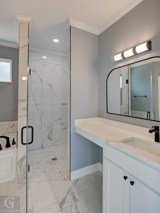 bathroom with a shower with door, crown molding, and vanity