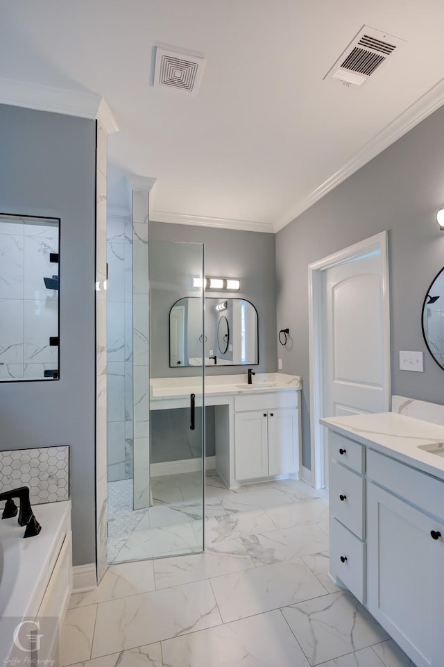 bathroom with plus walk in shower, vanity, and ornamental molding