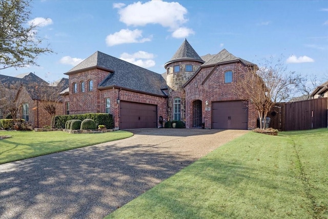 tudor-style house featuring a garage and a front yard