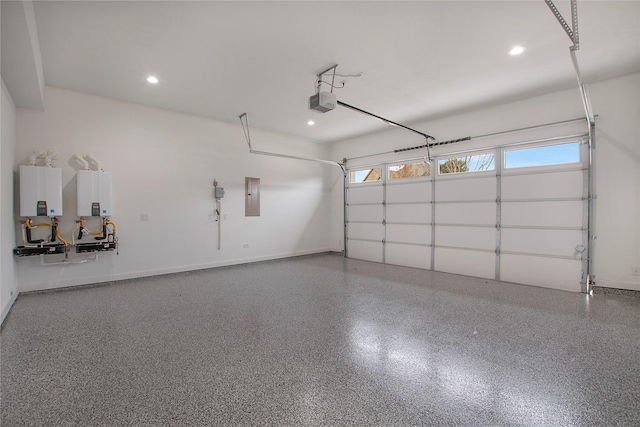 garage with electric panel, tankless water heater, and a garage door opener