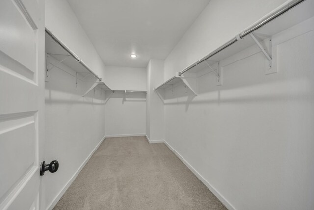 walk in closet featuring light carpet