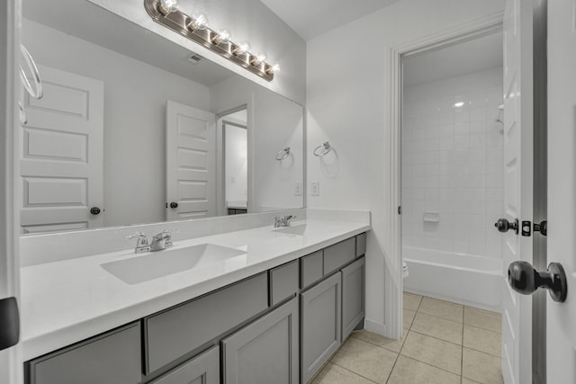 full bathroom with tile patterned floors, vanity, toilet, and tiled shower / bath