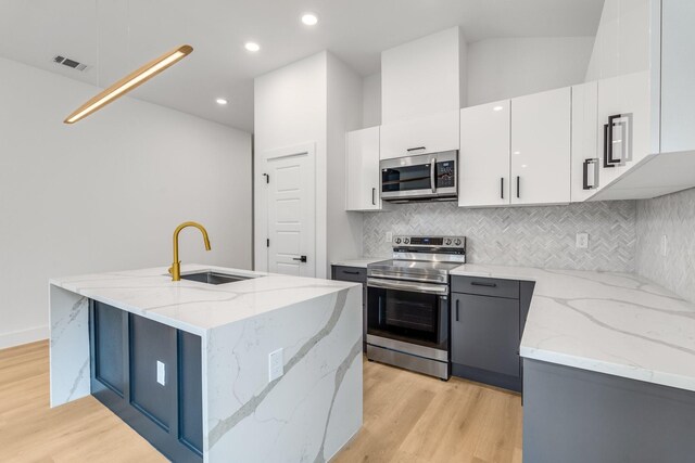 kitchen with white cabinets, stainless steel appliances, a kitchen island with sink, and sink