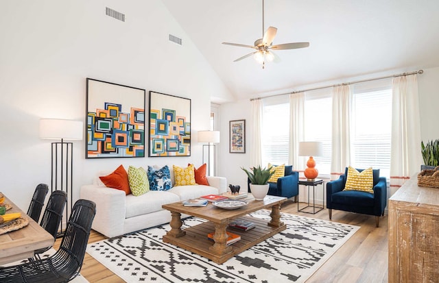 living room featuring high vaulted ceiling, ceiling fan, and light hardwood / wood-style floors