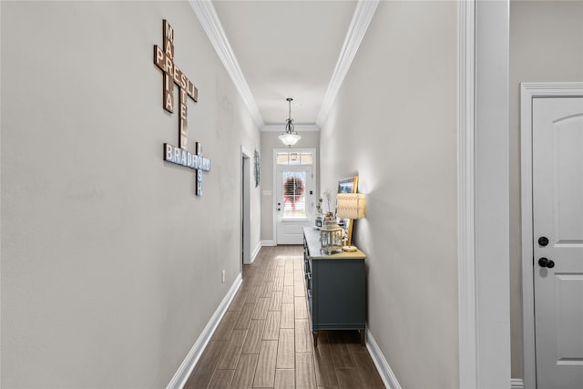 hallway featuring ornamental molding