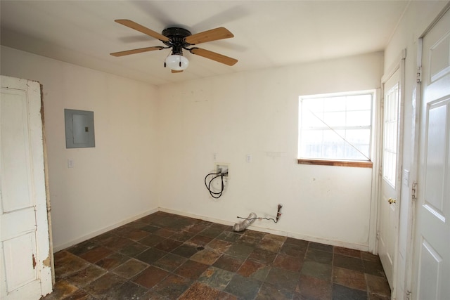 washroom featuring electric panel and ceiling fan