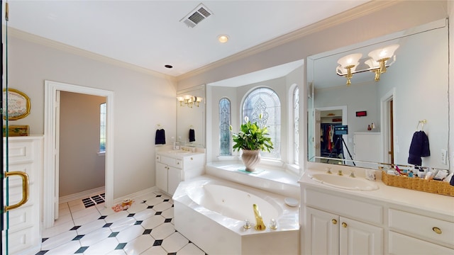 bathroom featuring a notable chandelier, vanity, crown molding, and a tub