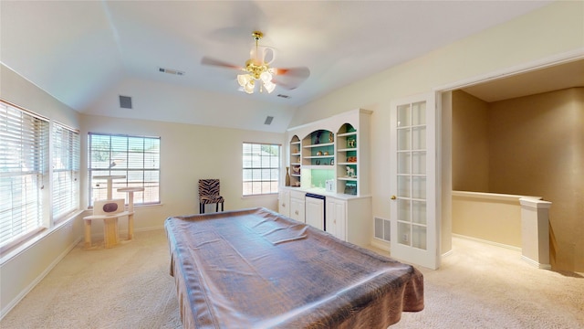 office area with light colored carpet, pool table, and vaulted ceiling