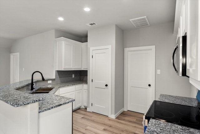 kitchen with electric range, sink, backsplash, kitchen peninsula, and white cabinets