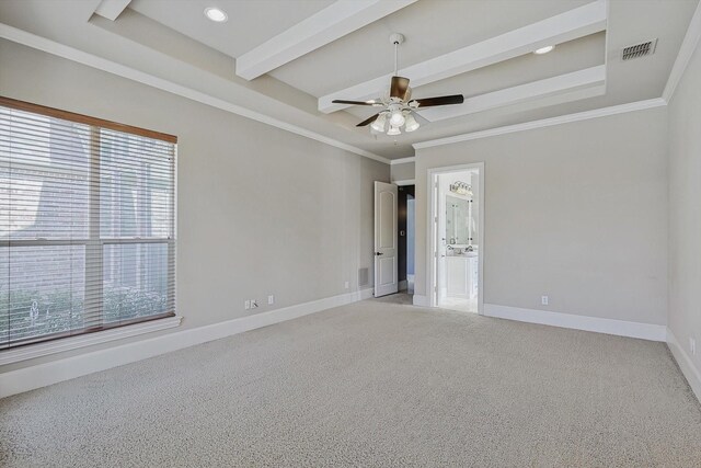 spare room featuring light carpet, ceiling fan, and ornamental molding