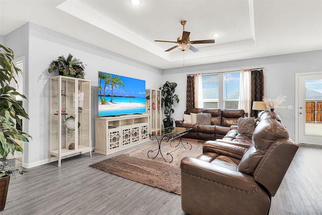 living room featuring a raised ceiling, crown molding, plenty of natural light, and hardwood / wood-style floors