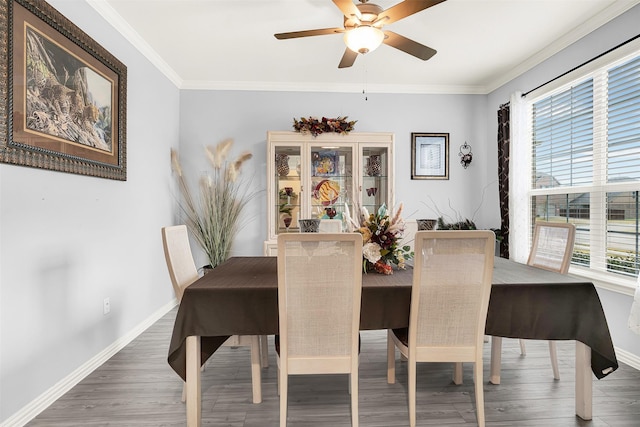 dining space featuring ornamental molding, dark hardwood / wood-style floors, and ceiling fan