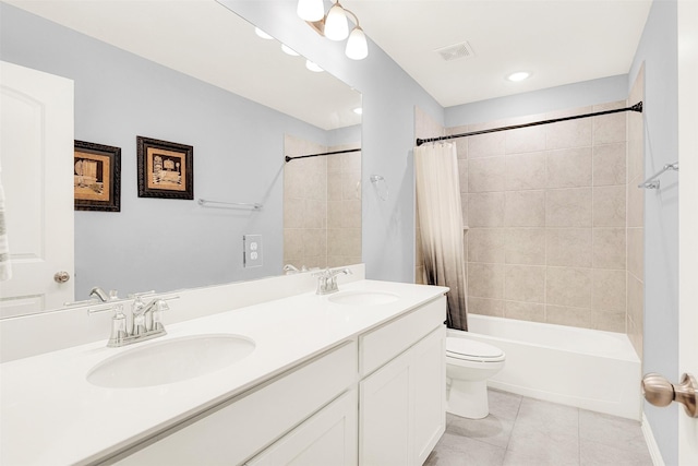 full bathroom featuring toilet, vanity, shower / bathtub combination with curtain, and tile patterned flooring