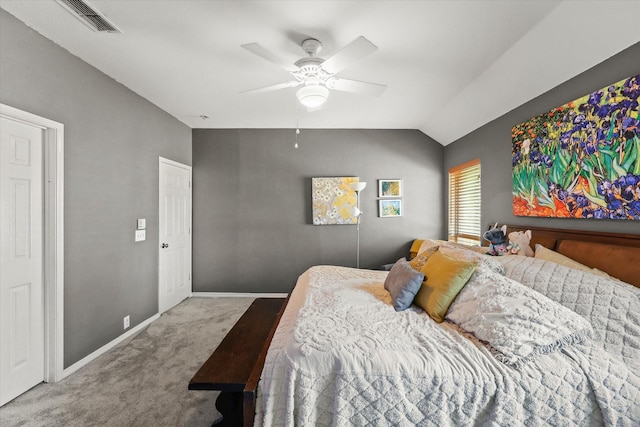 bedroom featuring carpet, lofted ceiling, and ceiling fan