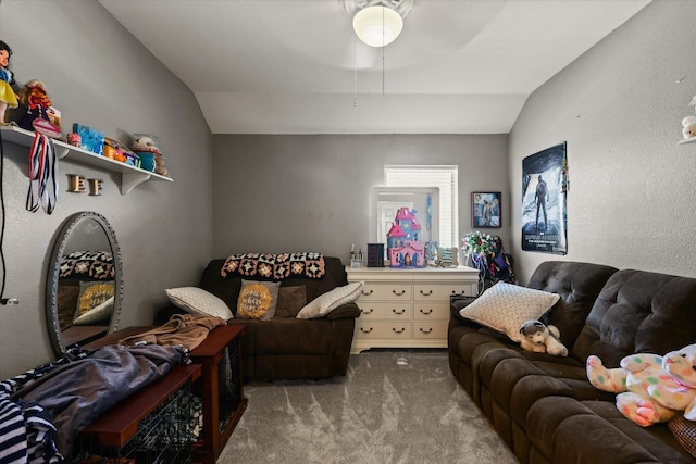 carpeted living room featuring vaulted ceiling