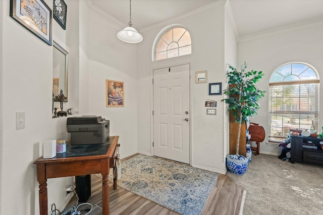 foyer entrance with crown molding and hardwood / wood-style floors