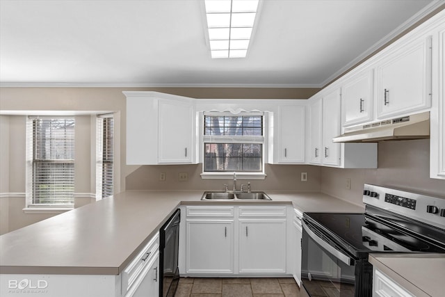 kitchen featuring kitchen peninsula, white cabinetry, dishwasher, and electric stove