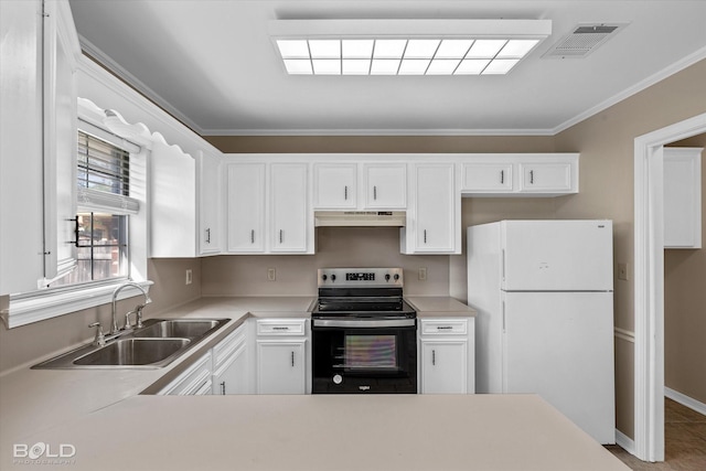 kitchen with sink, ornamental molding, white cabinets, black / electric stove, and white fridge