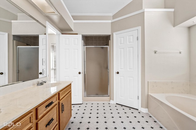 bathroom featuring vanity, vaulted ceiling, separate shower and tub, and crown molding