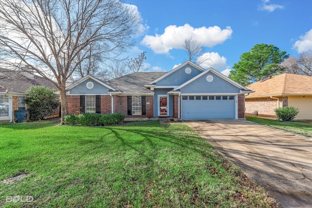 ranch-style house featuring a front lawn and a garage