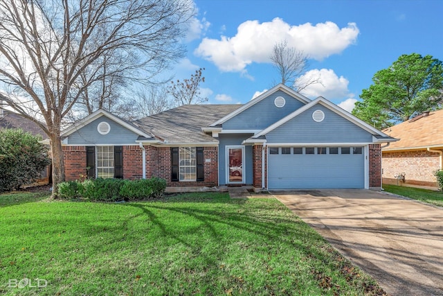 ranch-style house featuring a garage and a front lawn