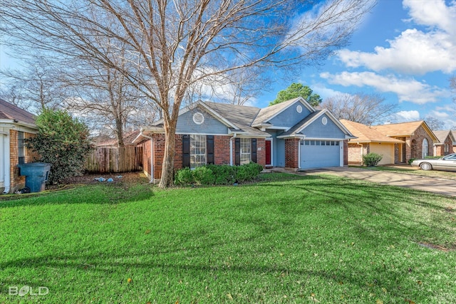 single story home with a garage and a front lawn