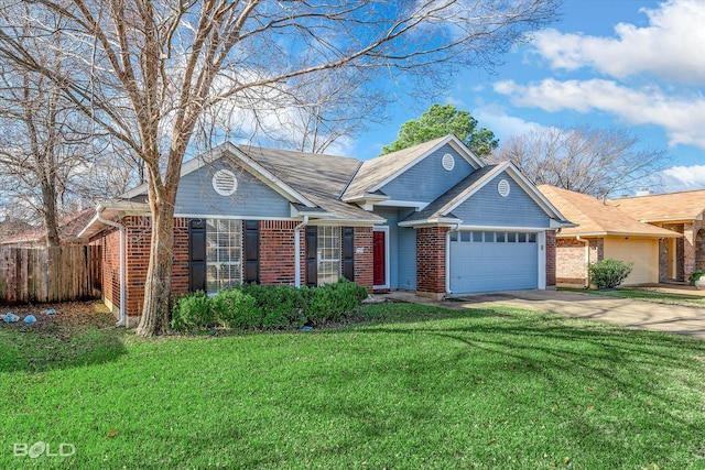 ranch-style home with a front lawn and a garage