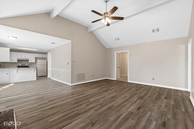 unfurnished living room featuring vaulted ceiling with beams, dark hardwood / wood-style flooring, and ceiling fan