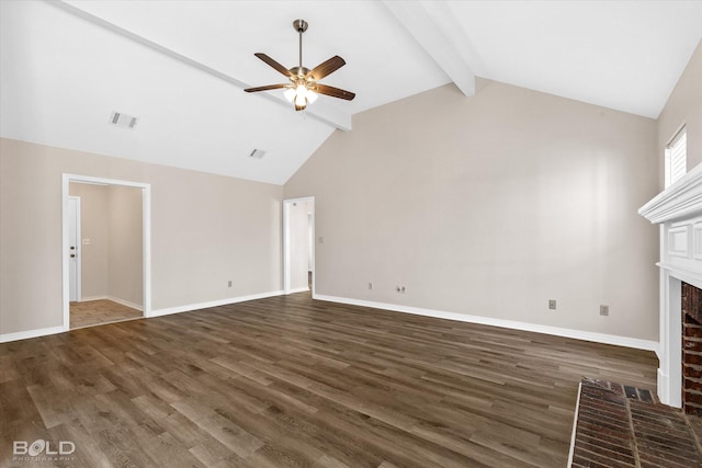 unfurnished living room featuring beam ceiling, a fireplace, dark hardwood / wood-style floors, and ceiling fan