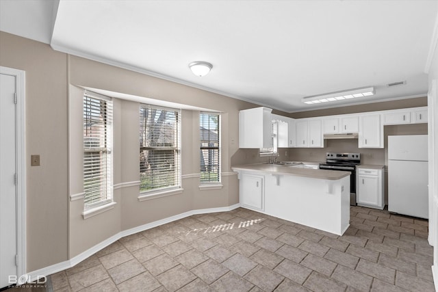 kitchen with kitchen peninsula, sink, white refrigerator, white cabinets, and stainless steel range with electric cooktop