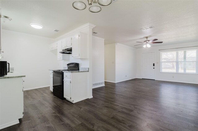 kitchen with black electric range, white cabinets, dark wood-type flooring, and ceiling fan with notable chandelier