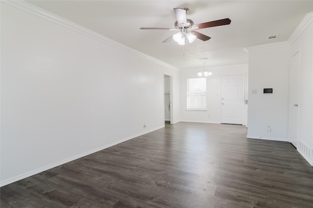 unfurnished room featuring dark hardwood / wood-style flooring, ceiling fan with notable chandelier, and ornamental molding