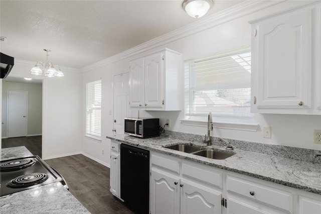 kitchen featuring ornamental molding, sink, decorative light fixtures, dishwasher, and white cabinetry