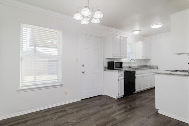 kitchen featuring white cabinetry, black dishwasher, a notable chandelier, pendant lighting, and ornamental molding