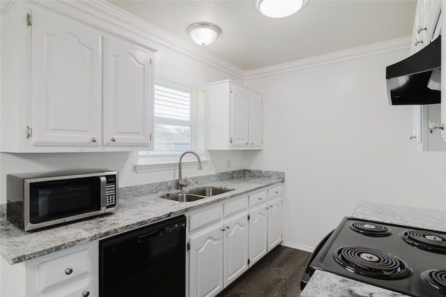 kitchen with dishwasher, white cabinets, crown molding, sink, and electric range oven