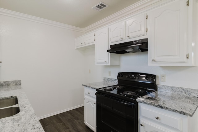 kitchen featuring white cabinets, black range with electric cooktop, and light stone counters