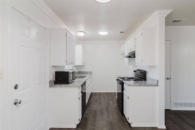 kitchen featuring ornamental molding, dark wood-type flooring, sink, black appliances, and white cabinetry