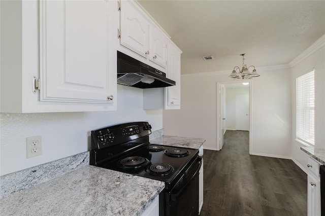 kitchen with white cabinetry, an inviting chandelier, dark hardwood / wood-style flooring, black electric range, and crown molding