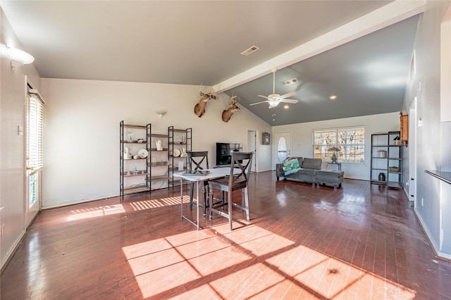 office area featuring vaulted ceiling with beams, hardwood / wood-style floors, and ceiling fan