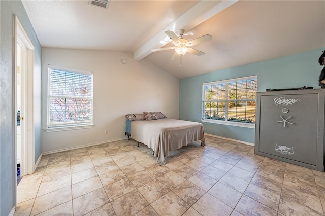 unfurnished bedroom with lofted ceiling with beams, ceiling fan, and light tile patterned flooring