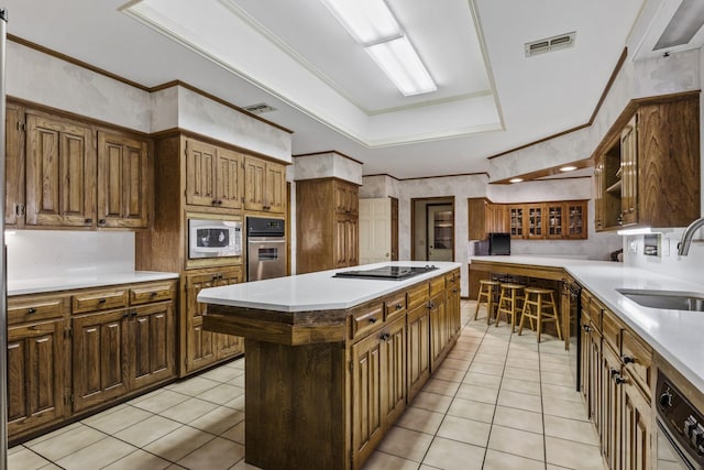 kitchen featuring sink, light tile patterned floors, appliances with stainless steel finishes, a center island, and a tray ceiling