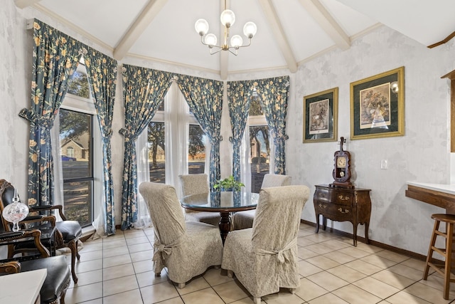 dining room with beamed ceiling, high vaulted ceiling, an inviting chandelier, and light tile patterned floors