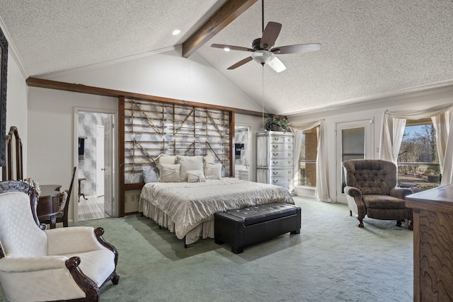 bedroom featuring ceiling fan, carpet flooring, a textured ceiling, and vaulted ceiling with beams