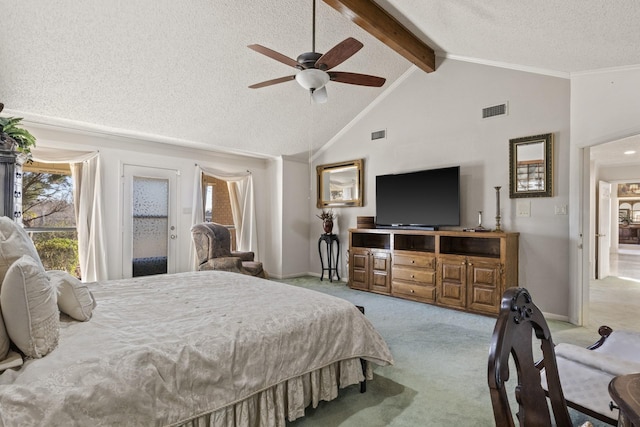 carpeted bedroom with ceiling fan, beam ceiling, ornamental molding, a textured ceiling, and access to outside