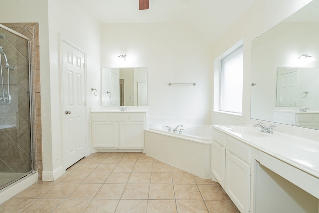 bathroom featuring ceiling fan, vanity, independent shower and bath, and tile patterned floors